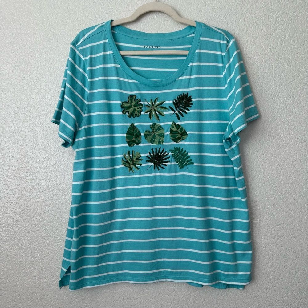 Talbots Green Striped Leaf Embroidered Short Sleeves Top, Size XL